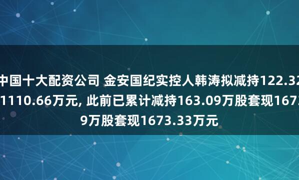 中国十大配资公司 金安国纪实控人韩涛拟减持122.32万股套现1110.66万元, 此前已累计减持163.09万股套现1673.33万元